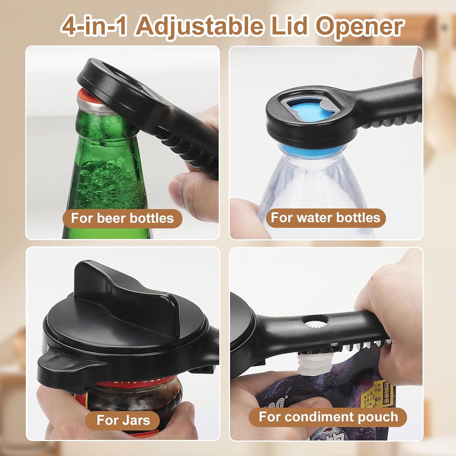 2 Pcs 2026 New 4-in-1 Jar Opener-Adjustable Stainless Steel Lid Remover for Seniors & Arthritis,Non-Slip Grip Fits 1″-3.5″Jars,Bottles & Cans (Brown)