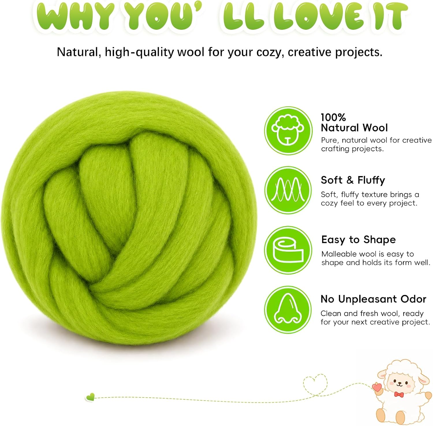 1.76oz(50g) Wool Roving: Needle Felting Wool White Roving Wool Felting Supplies Pure Wools Chunky Yarn Spinning Wool Roving for Needle Felting Wet DIY Hand Spinning(Light Green)