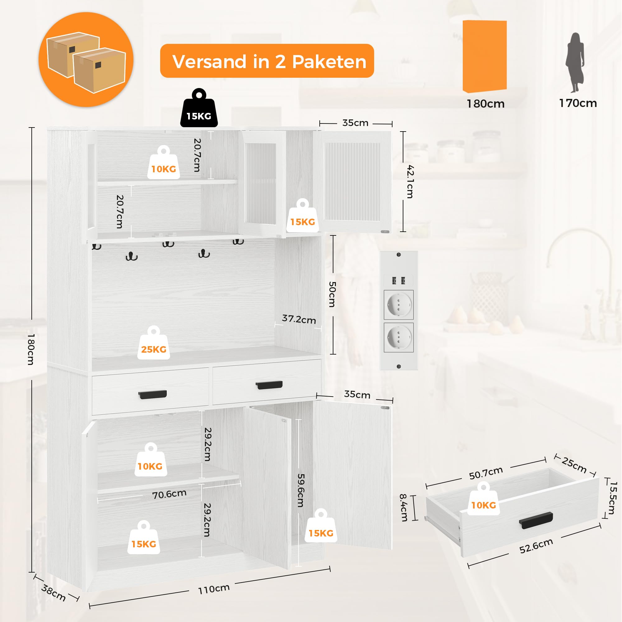 IRONCK Hocher Küchenschrank mit LED Beleuchtung & Steckdose USB Ladeports, Buffetschrank mit Arbeitsplatte 2 Schubladen Magnettüren Sideboard für Kaffeebar Küche Wohnzimmer Esszimmer 180x110x38cm Weiß