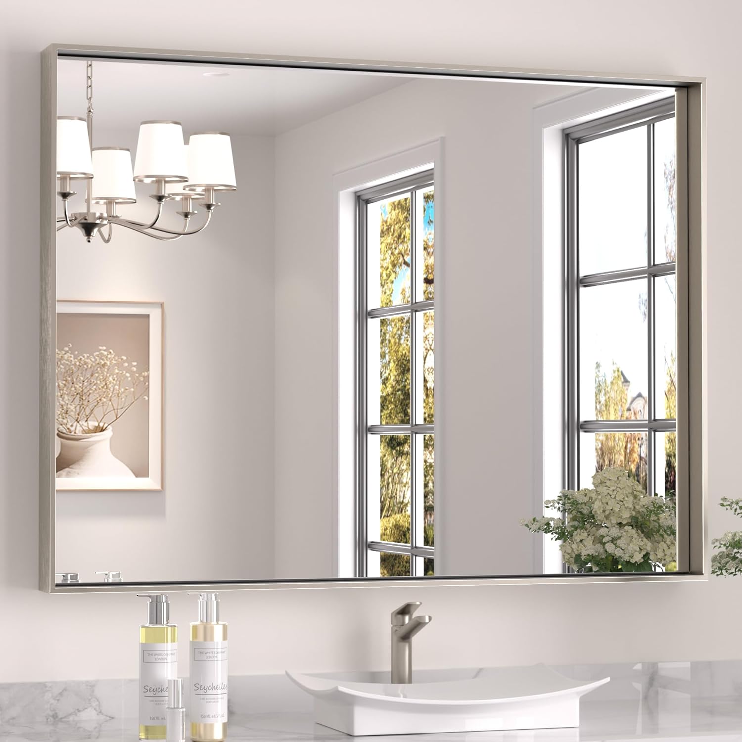 Keonjinn Brushed Nickel Bathroom Mirror 40 x 30 in Rectangle Frame Mirror for Over Sink, Rectangular Metal Framed Vanity Mirror Square Corner Aluminum Alloy Modern Silver Mirror(Horizontal/Vertical) Brushed Nickel 30"L x 40"W