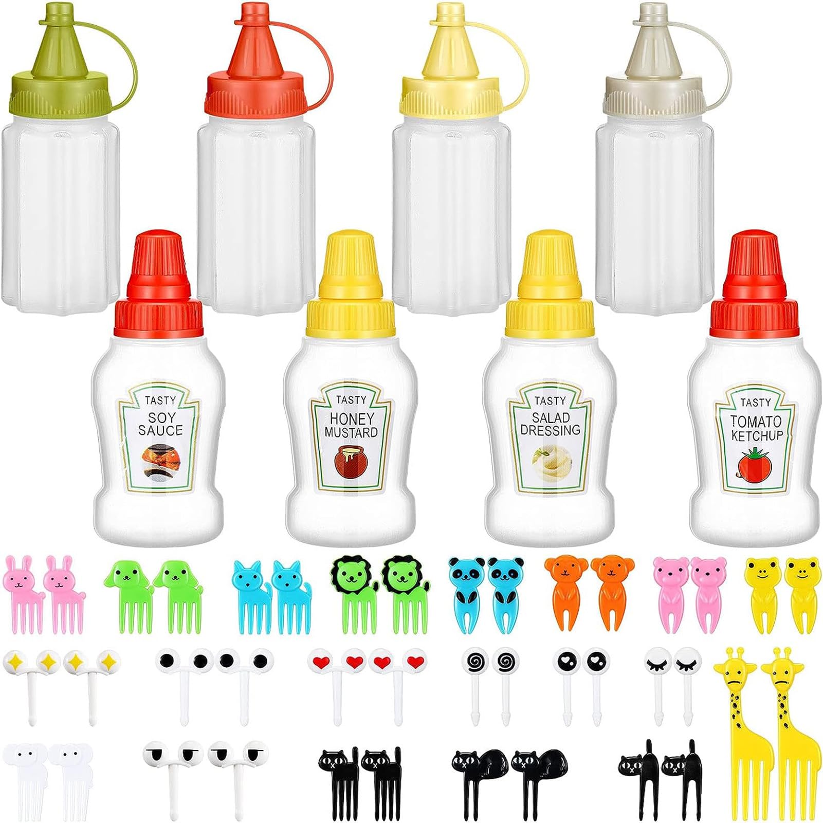 U-HOOME 8 Pcs Mini Condiment Squeeze Bottles Ketchup Squeeze Bottles with 36 Pcs Animal Food for Kids Mini Sauce Bottle Salad Dressing Container for Camping School Bento Box Accessories (select 1)
