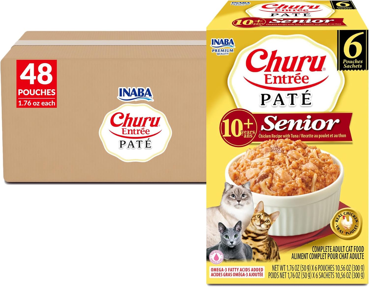 INABA Churu Entrée Pate for Senior Cats, High Protein & Moisture, Prebiotic Wet Cat Food, 1.76oz. per Serving, 48 Pouches, Chicken Recipe with Tuna