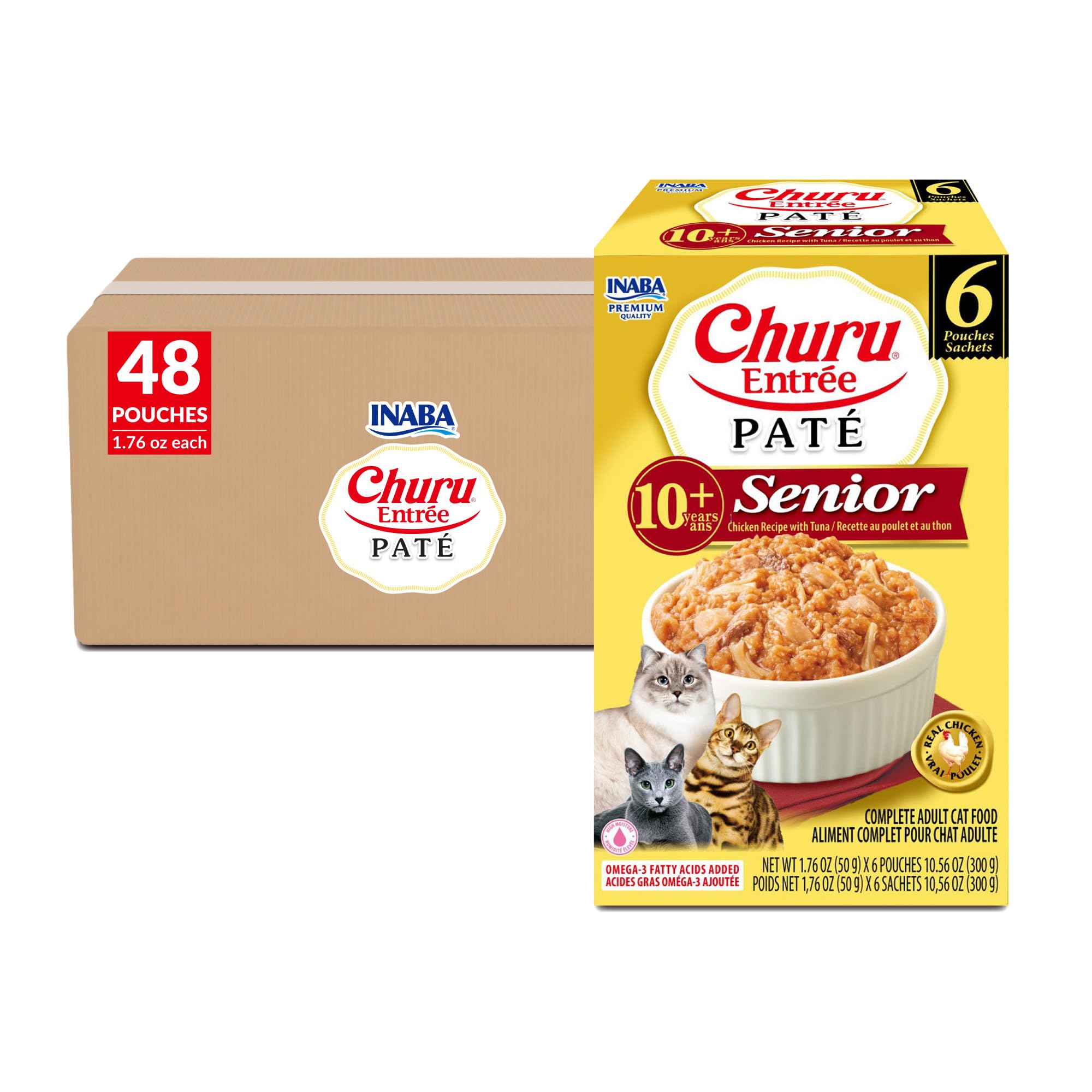 INABA Churu Entrée Pate for Senior Cats, High Protein &amp; Moisture, Prebiotic Wet Cat Food, 1.76oz. per Serving, 48 Pouches, Chicken Recipe with Tuna