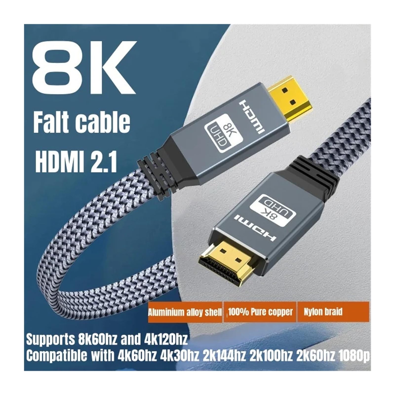 Cavo Piatto HDMI 2.1 (8K@60Hz/4K@120Hz/144Hz, 48Gbps, EARC, HDCP, HDR) - Compatibile Con MIZIQIER, Funziona Con HDTV/laptop/proiettore/PS5(6.6FT-2M-78.7inch)