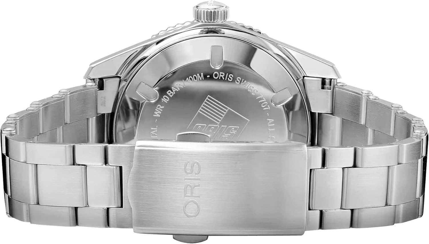 Enrere view of the Oris watch showing the case back and bracelet clasp