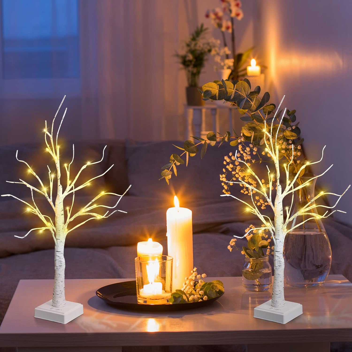 Set of 4 Lighted Birch Tree Warm White 24 LED Artificial Branch Tree 23.6 Inch Tabletop Christmas Tree Centerpiece Table Decorations Battery Powered Jewelry Holder with Timer for Home Wedding Party