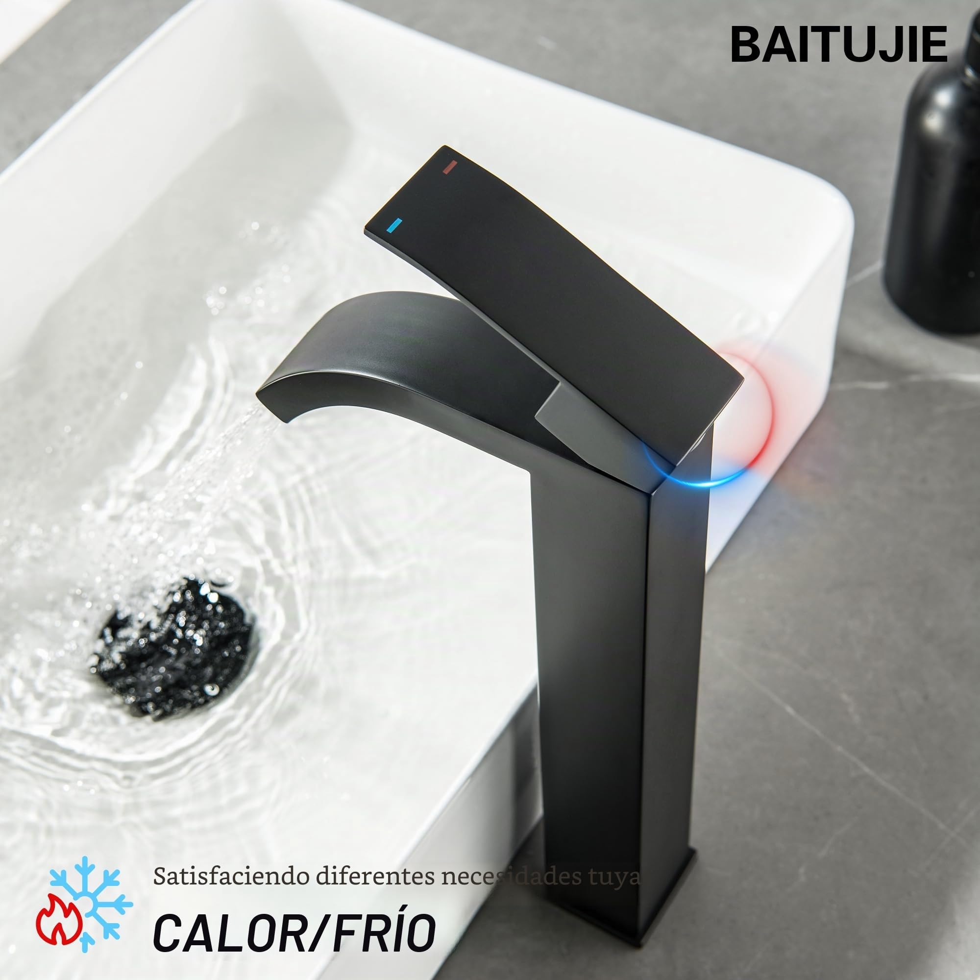 Grifo de Lavabo Baño Alto Negro, Caño Alto Monomando Lavabo Suministro de Agua Fría y Caliente, Grifo de Lavabo Negro Para Invitados WC, Baño