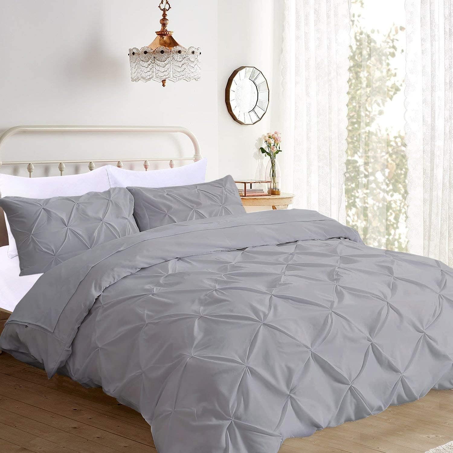Pinch Pleated 3 Piece Duvet Cover Set 100% Egyptian Cotton 800 Thread Count with Zipper & Corner Ties, Queen/Full (90" x 90") Size - Silver Solid