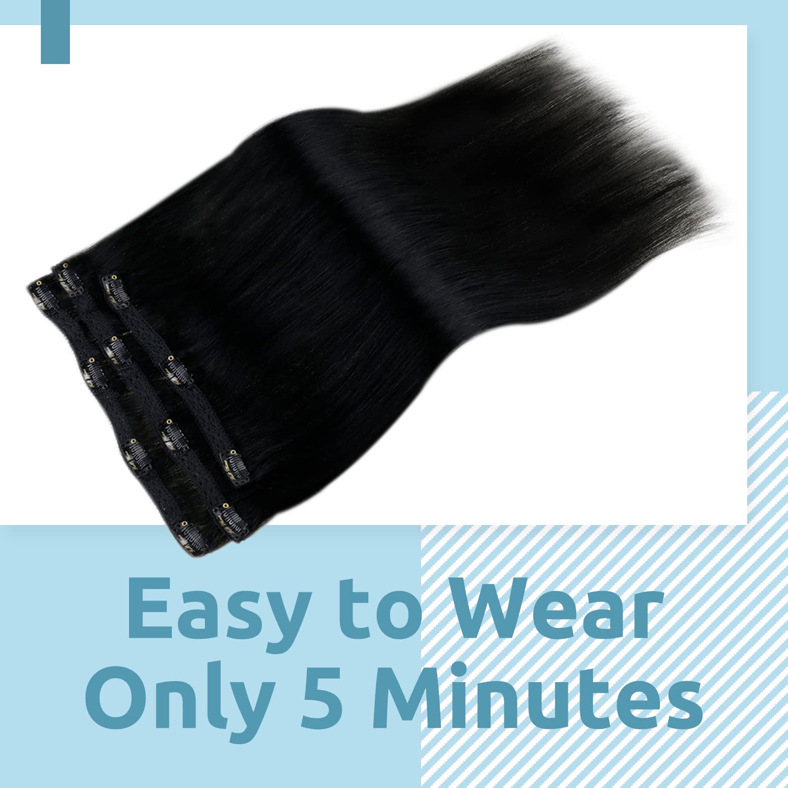 Fshine Extension Capelli Veri Clip 25.4cm 50g 3pcs Color 1 Nero Jet Clip in Hair Extensions Naturale Umani Lisci Extension Capelli per Donne Extension Capelli Veri con Clip Double Weft
