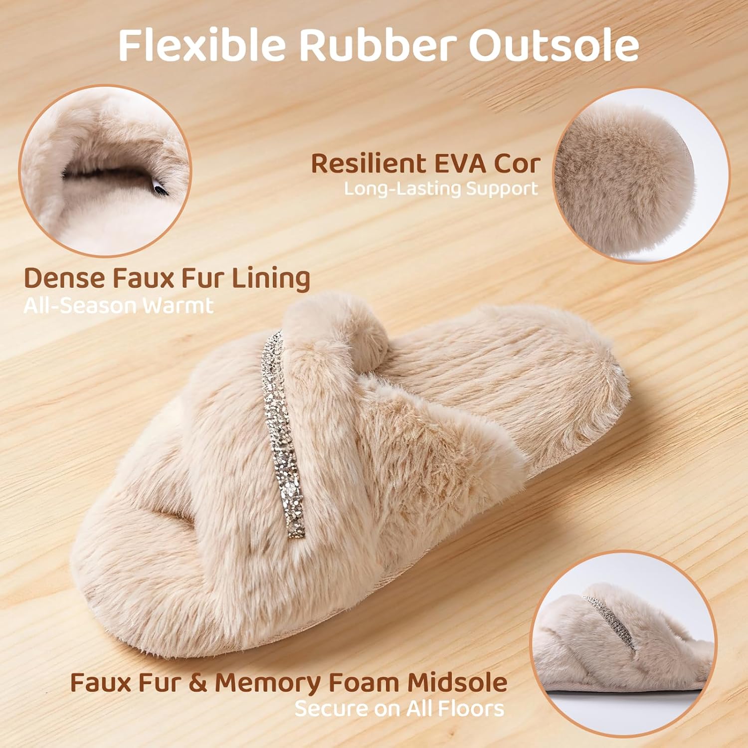 Women's Fuzzy Slippers Cross Band House Shoes Memory Foam Open Toe Slippers for Women,Apricot/Crystal Size 8-8.5 - Image 2