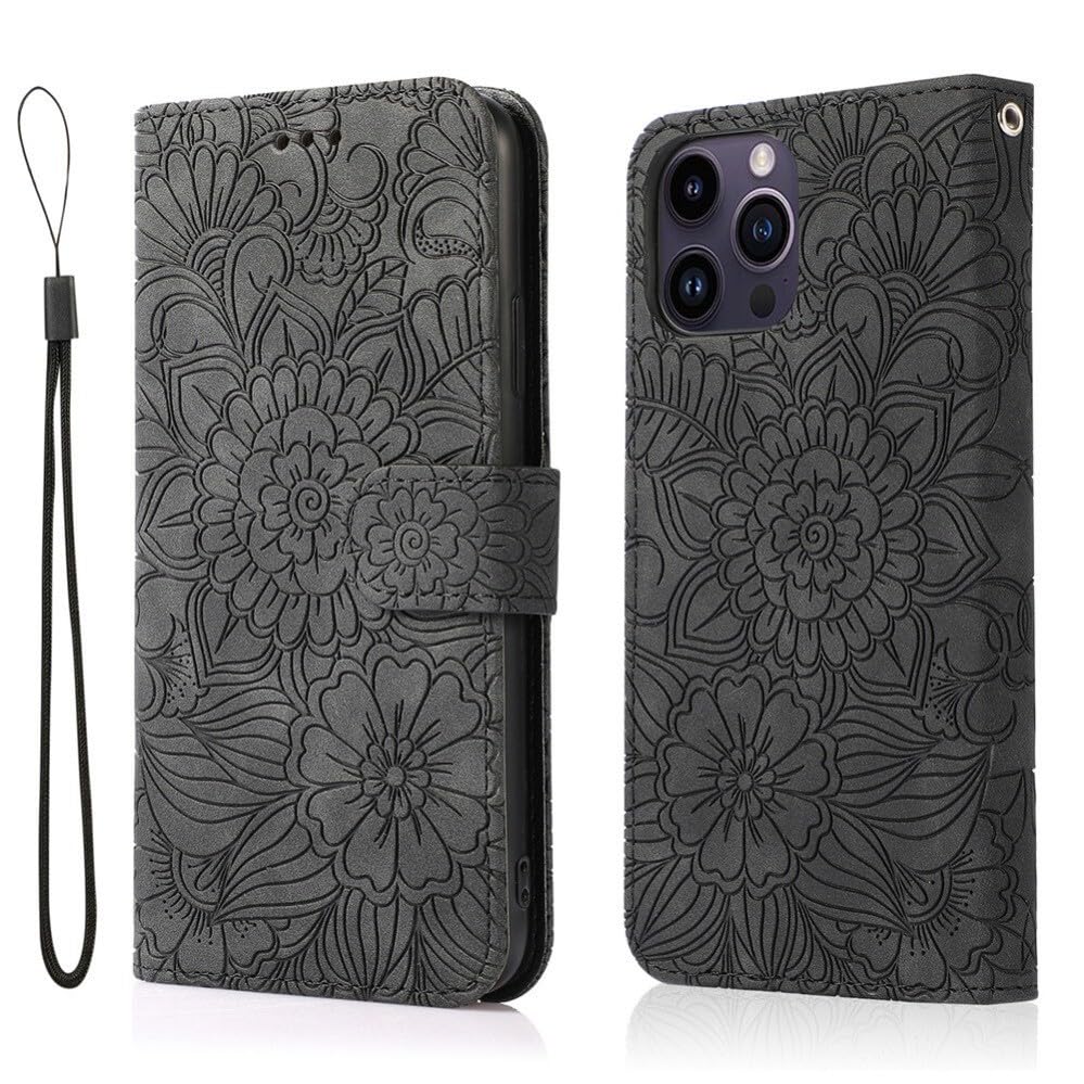 Étui portefeuille iPhone 15 Pro gris floral idéal pour voyager léger en terrasse de café