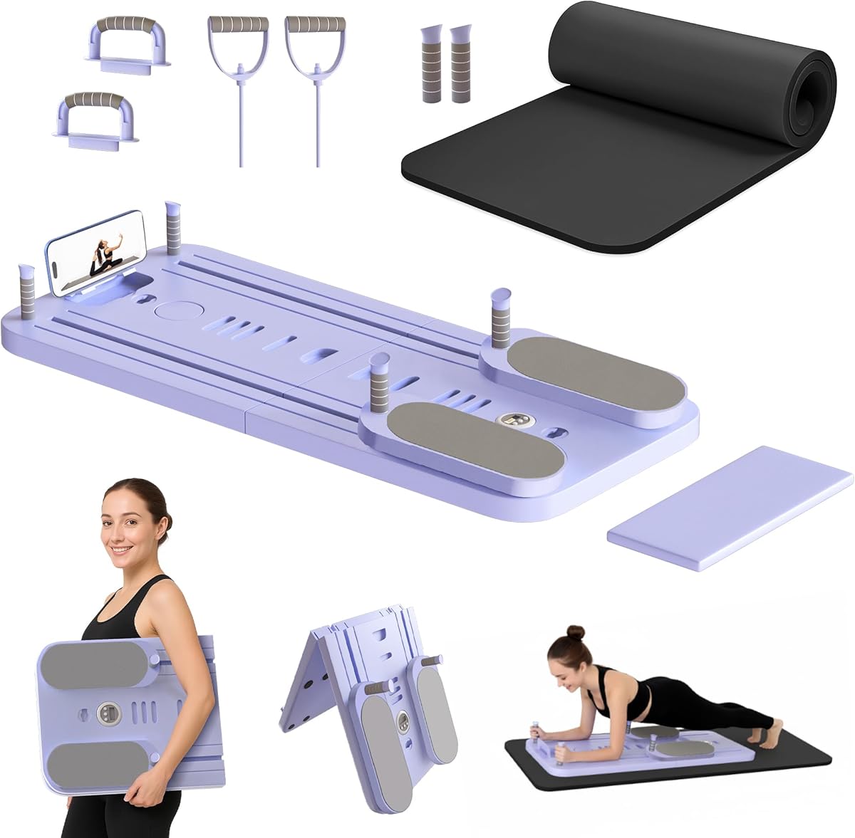 Pilates Board, Foldable Pilates Reformer Set for Home, Multifunctional Portable Pilates Reformer Board, Pilates Machine for Home, Pilates Equipment, Pilates Board Kit with Yoga Mat and Timer