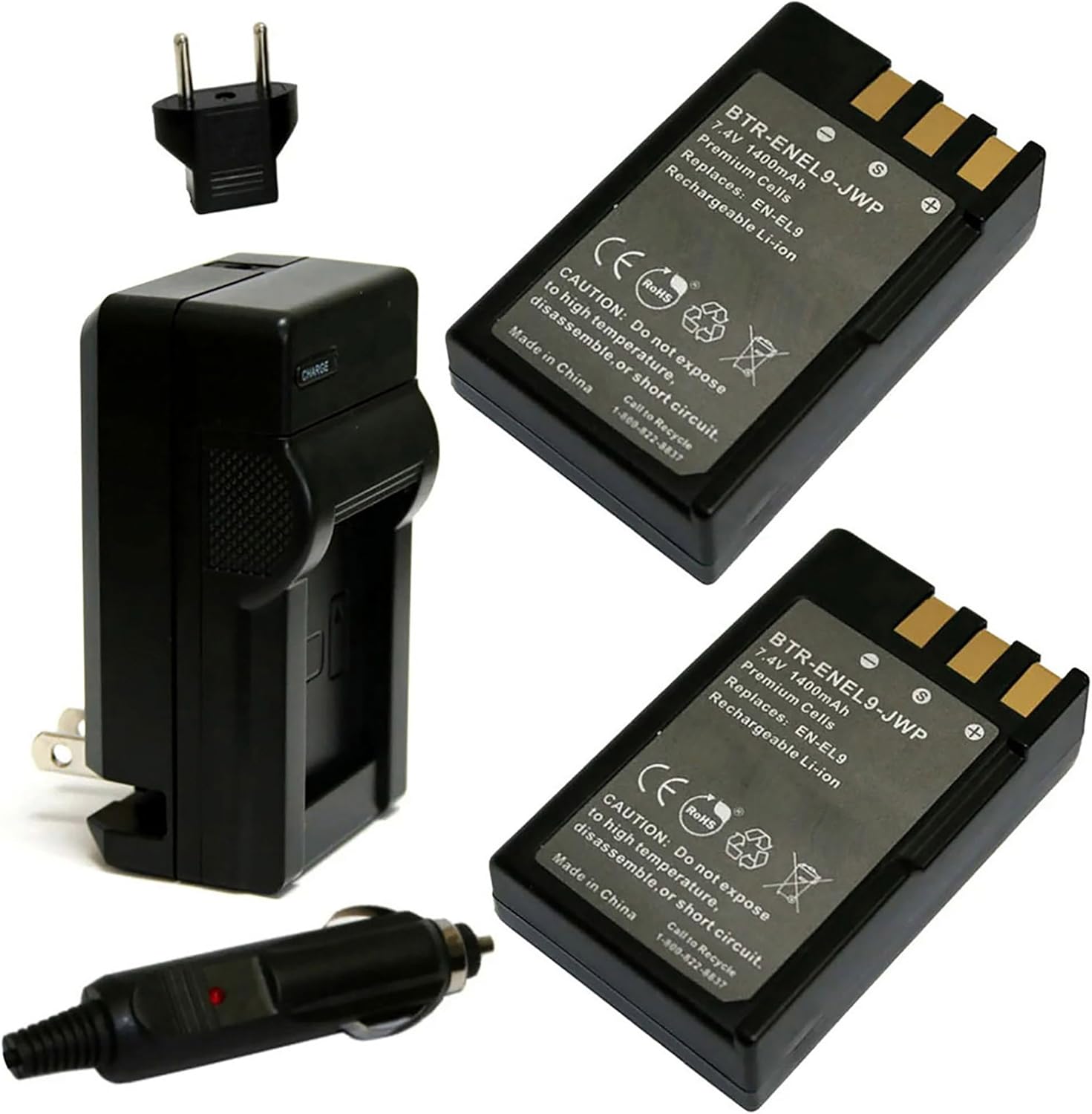 Replacement Battery for Nikon EN-EL9 (2-Pack, 1400mAh) and Charger