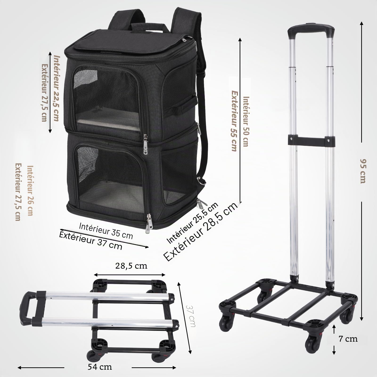 Sac de Transport pour 2 Chats avec roulettes jusqu'à 12kg, Noir | 2 compartiments jusqu'à 6kg chacun, Séparateur amovible, Chariot et roues détachables, Mode sac à dos, 2 laisses de sécurité