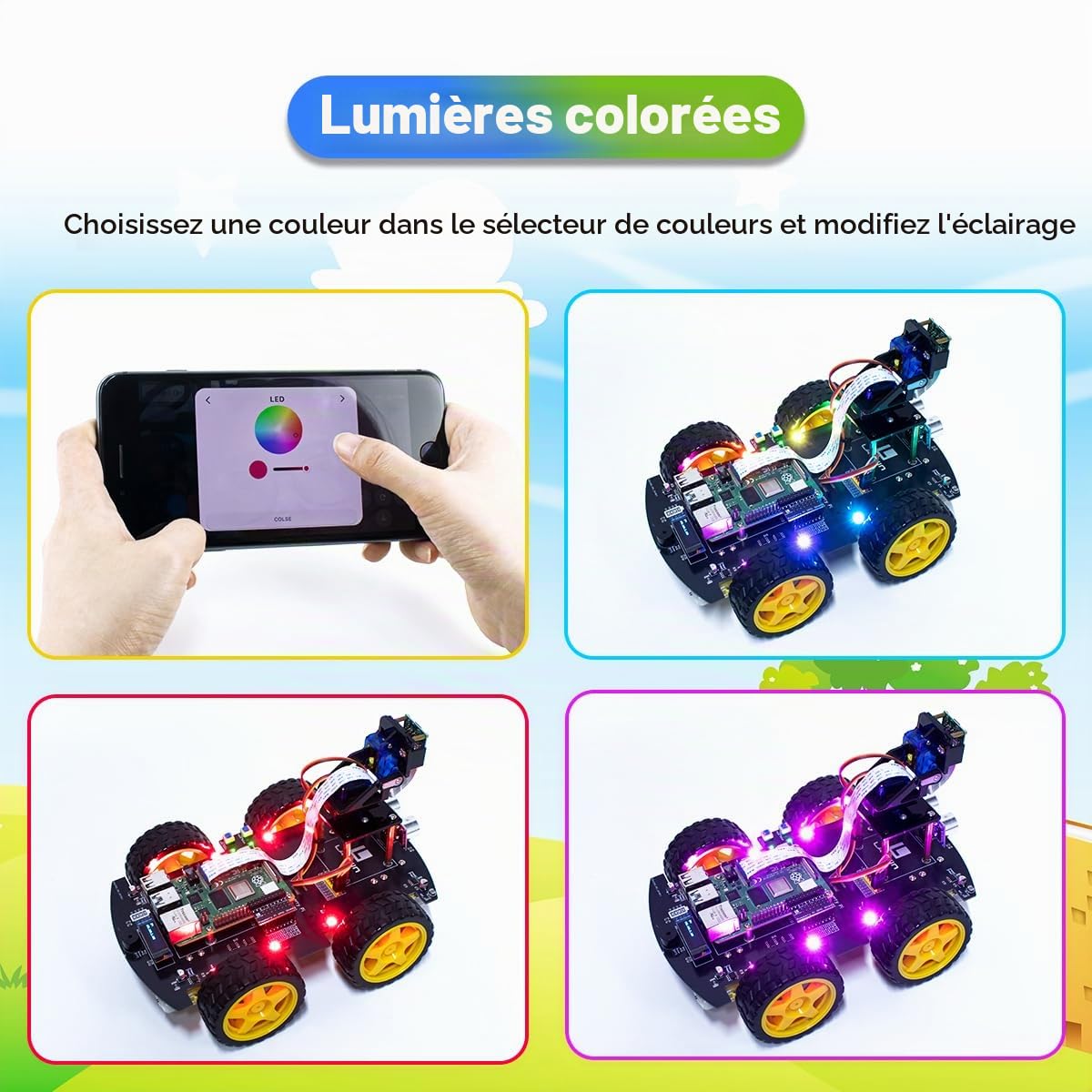 LAFVIN Kit de voiture intelligente 4WD pour Raspberry Pi 5/4B/3B+/3B/2B/1B+ avec tutoriel, robot intelligent multifonction avec appareil photo (Raspberry Pi non inclus)