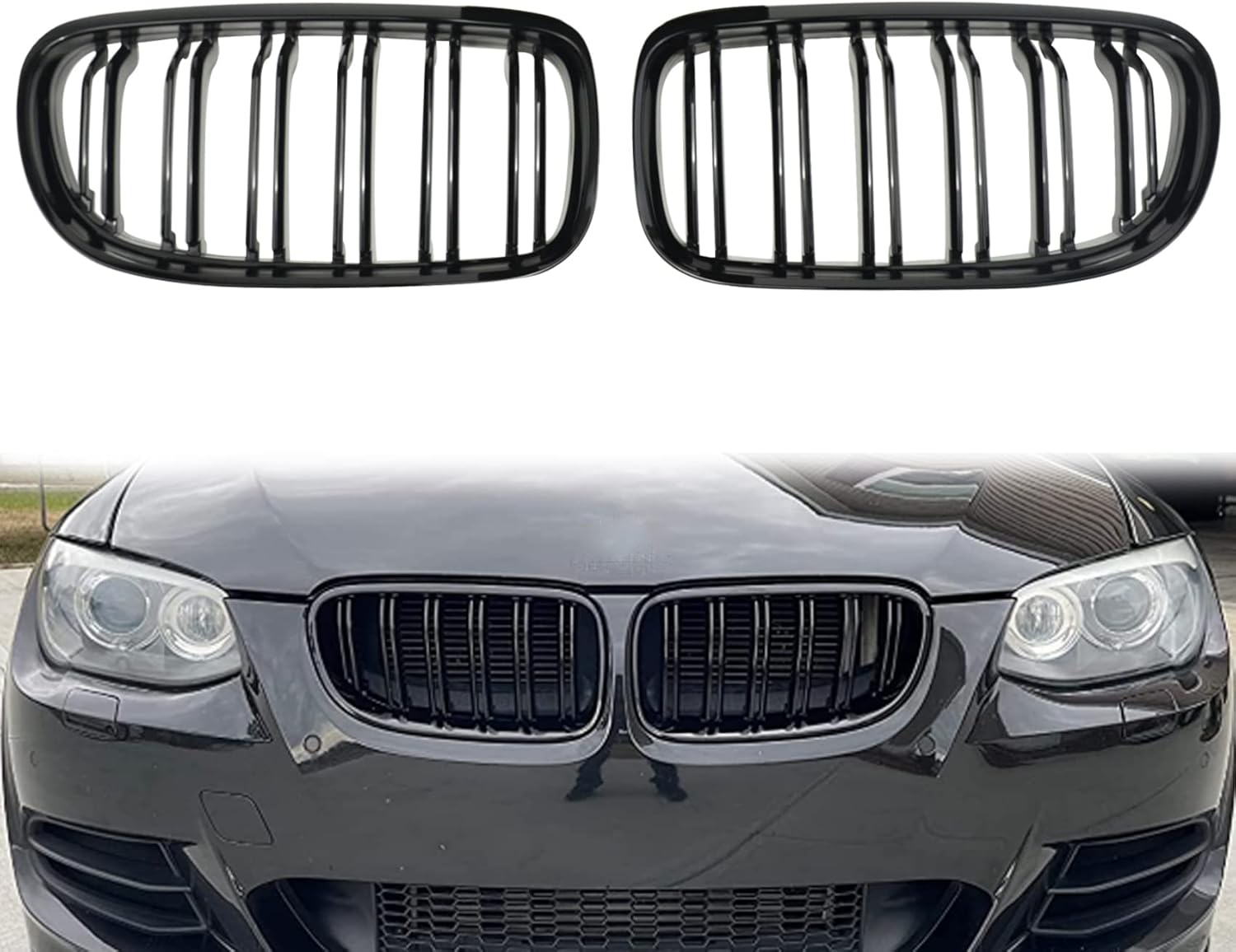 Front Kidney Grille Front Bumper Hood Mesh Grille Fits for BMW X5 E70 2007-2013, E71 2008-2014 Double Line Grill Glossy Black 2PCS