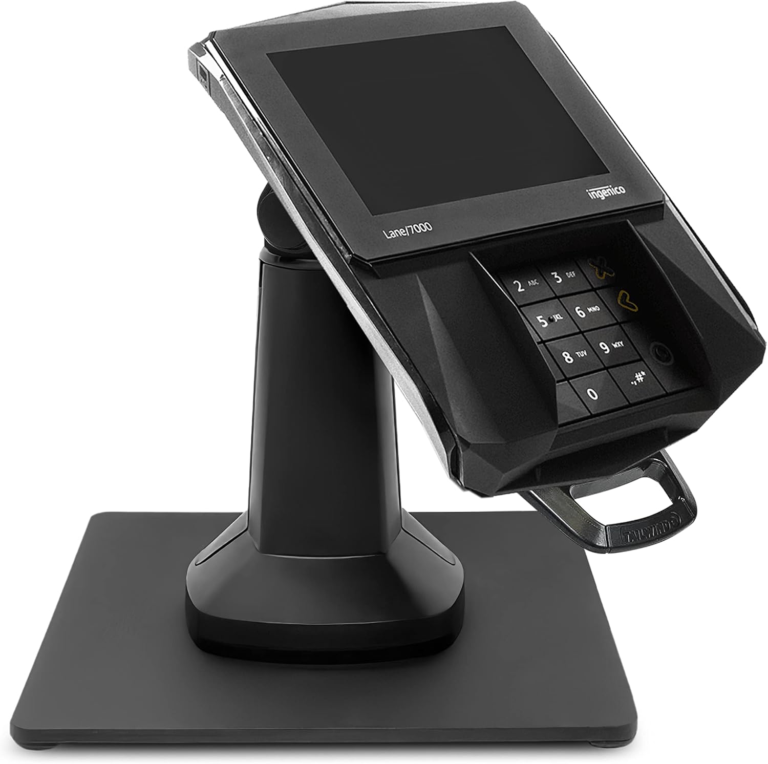 ENS Tailwind Ingenico Lane/3000/7000/8000 7" Latch and Lock Flexipole Plus Pole Mount Terminal Stand with Square Freestanding Mobility Base Plate, Black