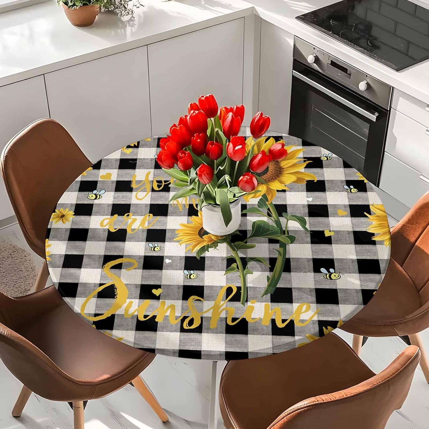 Black White Buffalo Plaid Check Round Tablecloth Fitted Table Cover, Country Sunflower Bee Elastic Tablecloths Waterproof Outdoor Indoor Stretch Cloth Tablecover for Dinner, Party, Shower, 55-60IN