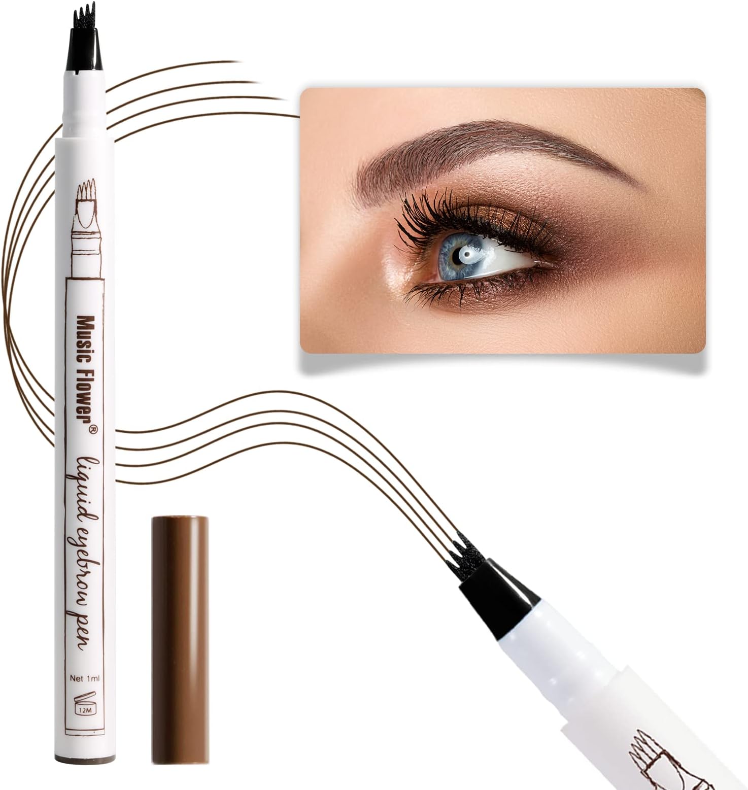 Music Flower Eyebrow Pencil, Reddish Brown Brow Pencil, Waterproof Brow Pen with 4 Micro-Fork Tip, Smudgeproof Fine Sketch Long Lasting Pen