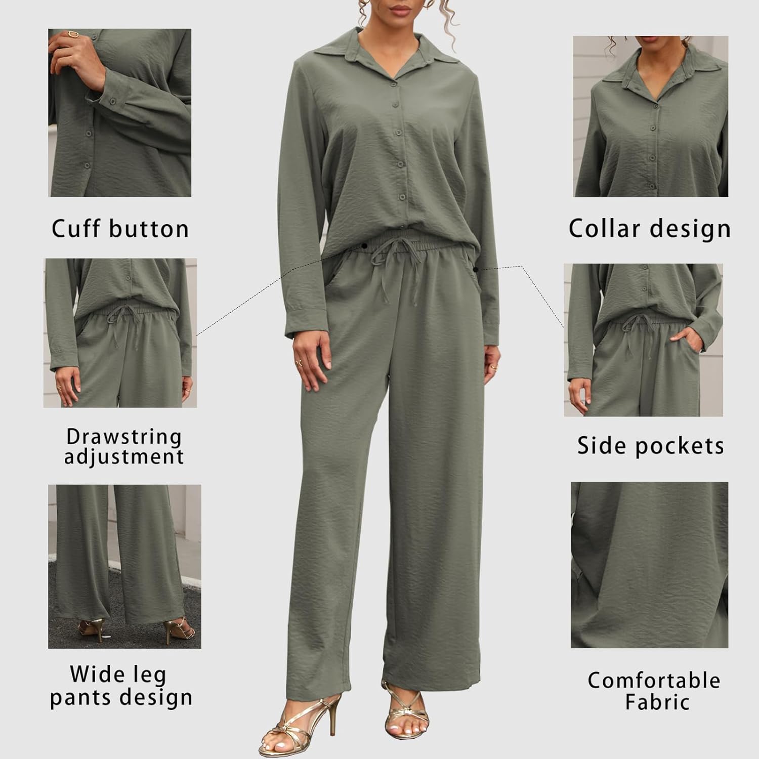 kaimimei Women's Linen 2 Piece Outfits Loungewear Set Button Down Shirt Wide Leg Pants with Pockets Comfortable Casual - Image 5