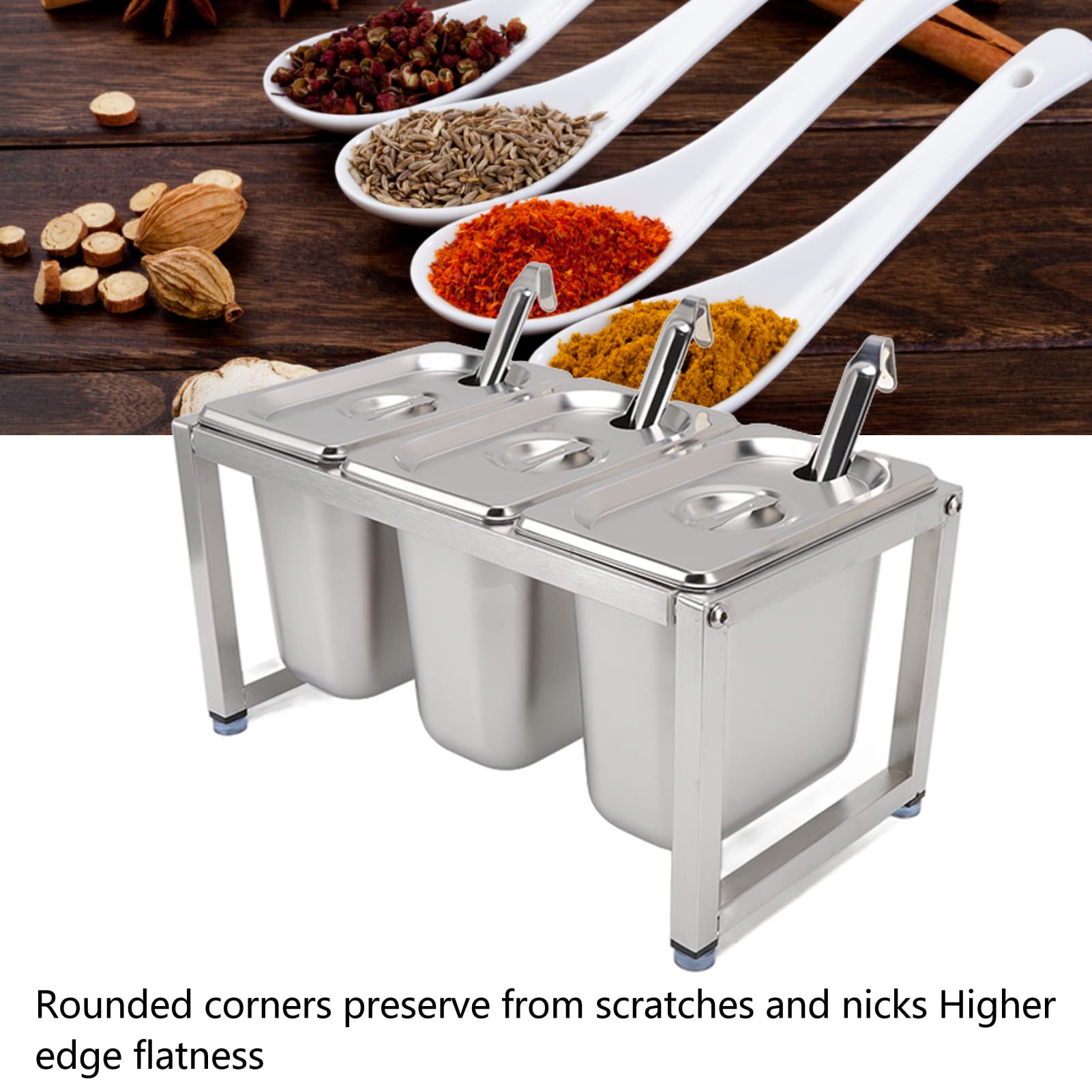 Qcwwy Soporte Organizador de Condimentos de Acero Inoxidable, Soporte para Recipientes de s de Mostrador de Restaurante, Estante de Almacenamiento de Condimentos con Tapas y (Caja de 3 uds.)
