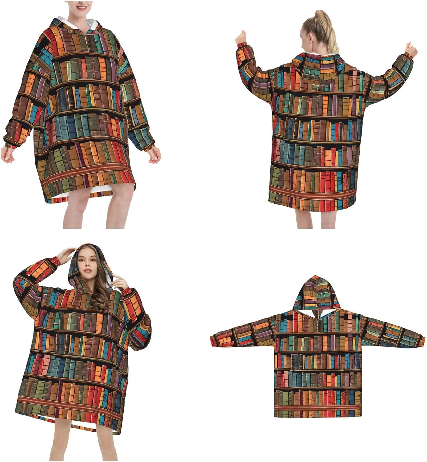MUSM Library Bookshelf Print Blanket Hoodie Fleece Sweatshirt Blanket With Sleeves And Pockets