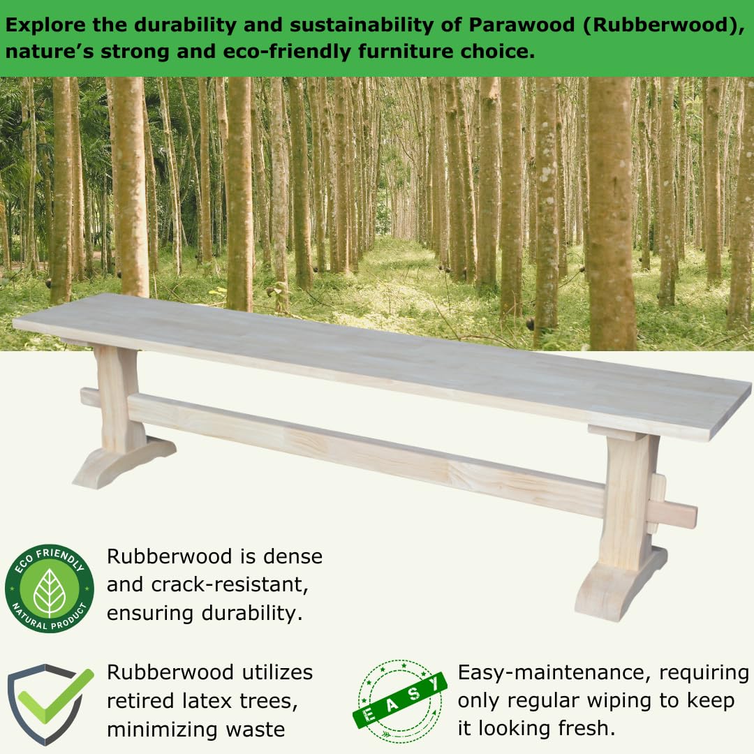 Solid Parawood Trestle Bench Unfinished 72", Kitchen/Dining Furniture, Sturdy & Reliable, Paint or Stain in Any Color, 450 lb Capacity, Entryway, Living Room, Family Room, Breakfast Nook, Unfinished