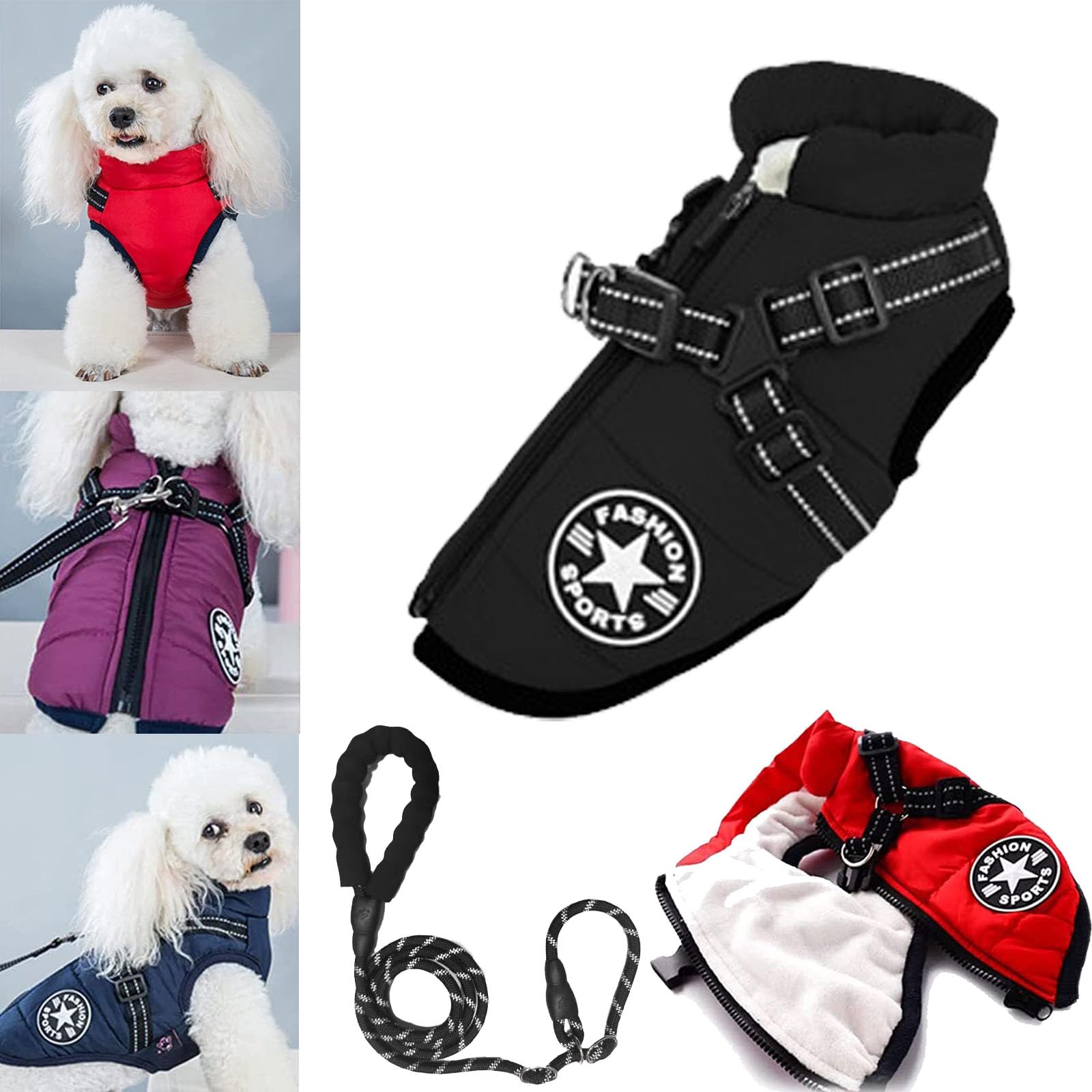 3 in 1 Winter Jacket for Dogs, Waterproof Windproof Dog Snow Jacket with Harness and Zipper, Pet Outdoor Jacket for Small Medium Large Dogs/Cats (