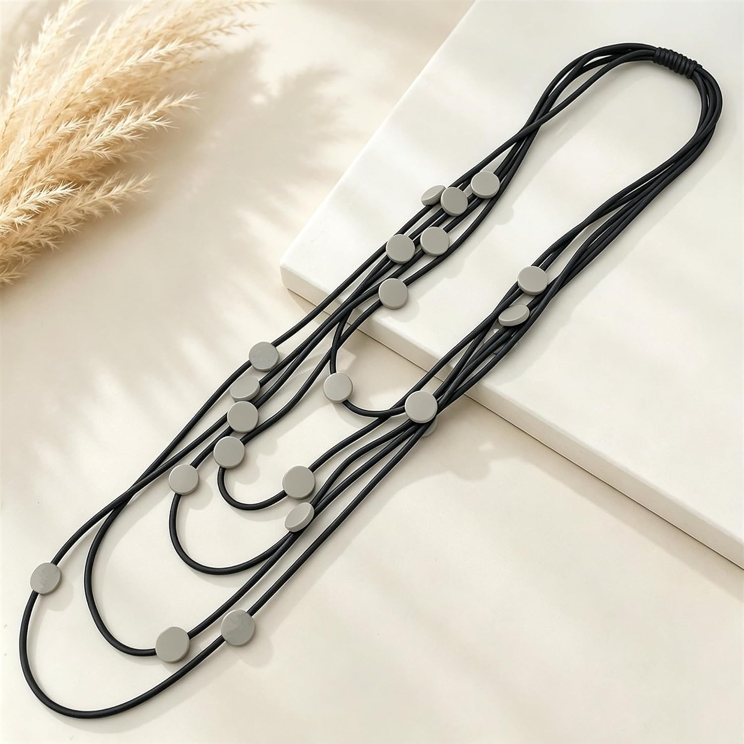 Handmade Multi-Strand Layered Rubber Necklace Oversize Sweater Chains Wooden Beads Jewelry