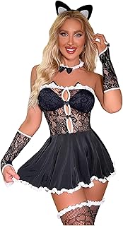 ROSVAJFY Ensemble Lingerie de Cosplay de Fille Chat Sexy Costume de Soubrette Halloween Maid Outfit Transparente Nuisette Mini Robe en Résille Creuse avec Bas Gants Cat Ears