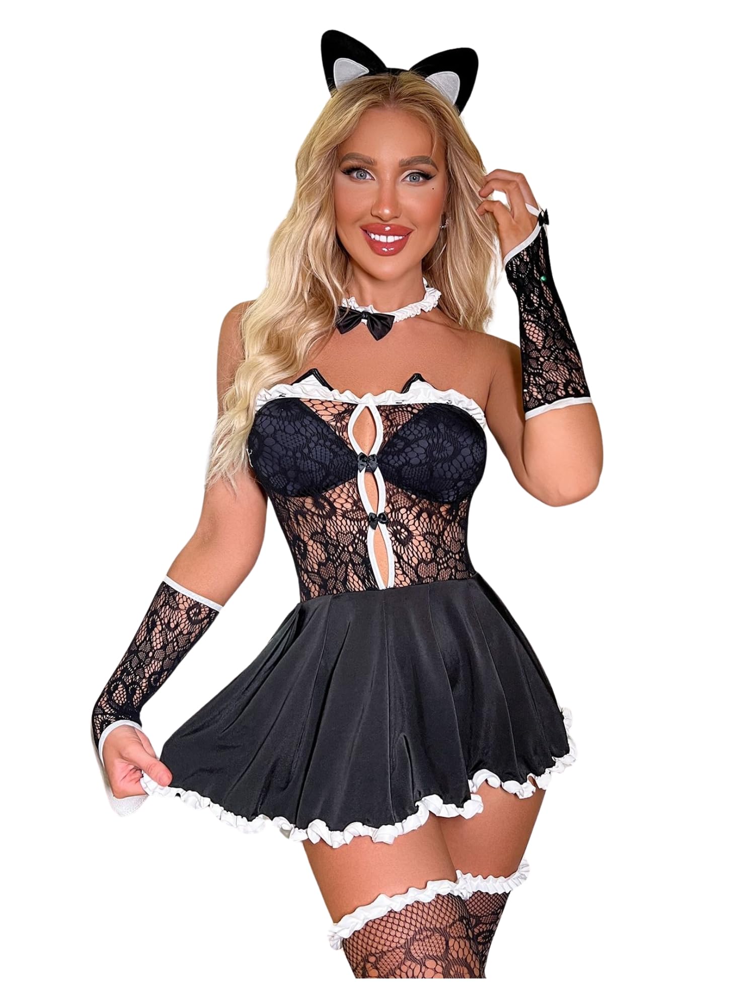 ROSVAJFY Ensemble Lingerie de Cosplay de Fille Chat Sexy Costume de Soubrette Halloween Maid Outfit Transparente Nuisette Mini Robe en Résille Creuse avec Bas Gants Cat Ears