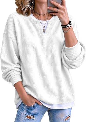 Waffle Knit Womens Crewneck Sweatshirt Oversized Layered Sweatshirt | Waffle Shirt, 2 in 1, Long Sleeve, Y2k Pullover Sweatshirts, School, Loose Fit, Hoodless Hoodie, Sudadera para Mujer, White
