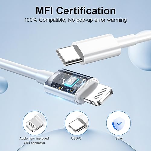 Miniatura 3 de Cargador de teléfono de carga rápida, certificado MFi Cargador de pared USB C de 20 W con 3 cables USB C a Lightning de 6 pies, cable de carga