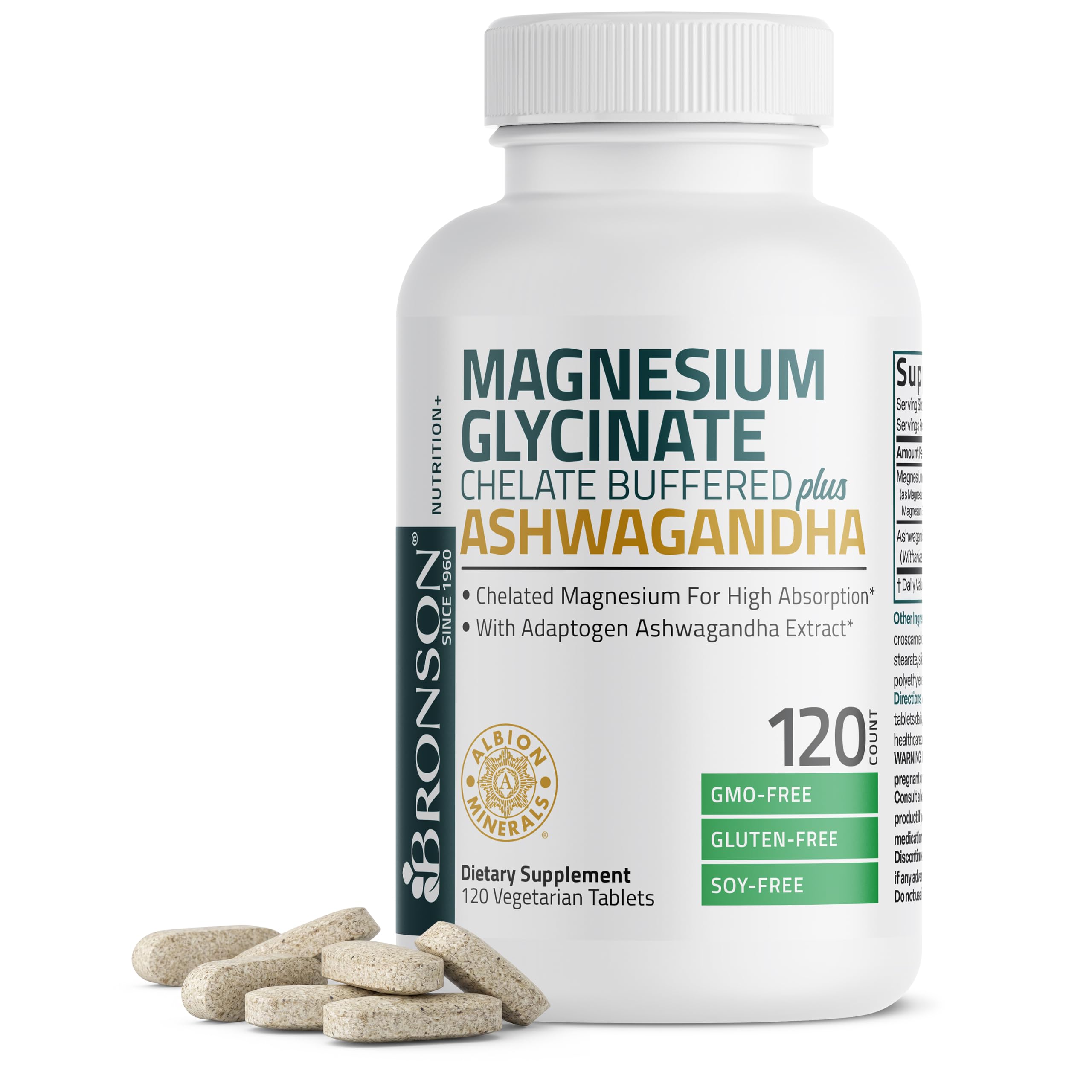 Bronson Magnesium Glycinate Plus Ashwagandha Dietary Supplement 120 Tablets 120 Count (Pack of 1)
