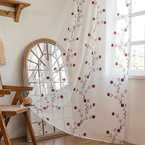 Deeprove Sheer Boho Embroidered Leaf Curtains 84 inches Long Pair, Boho Floral Drapes 84" Length for Living Room Bedroom, Light Filtering Window Decor 2 Panels Set 52W x 84L, White Burgundy Red