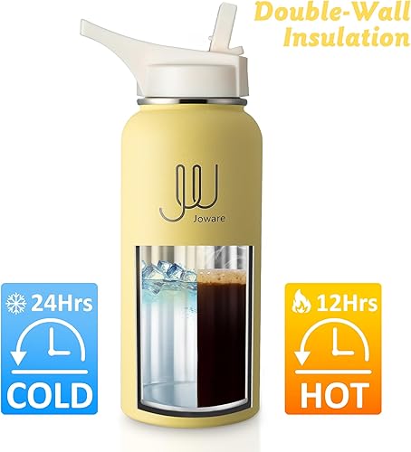 Miniatura 6 de Botella de agua aislada de 32 onzas con pajilla, frasco de agua deportivo de acero inoxidable con 3 tapas, taza térmica de viaje a prueba de fugas,