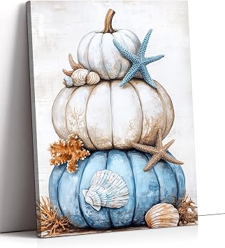 LYUNSHUO Fall Pumpkins Canvas Wall Art Blue Ocean Picture - 12"x18"