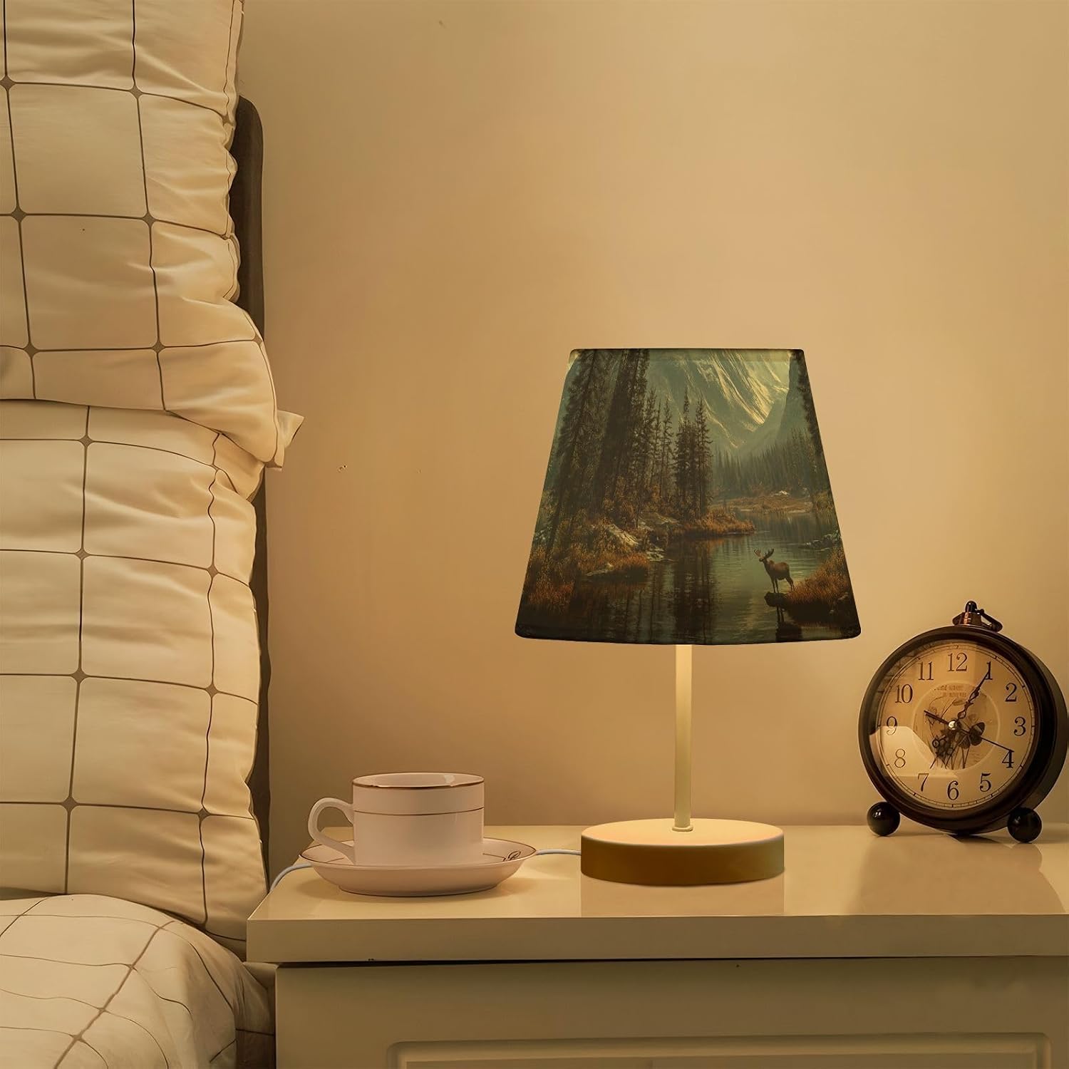 Wild Moose Mountain Bedside Table Lamp for Bedroom Nightstand Lamp Small with Fabric Shade LED 3 Way Dimmable USB Ports for Living Room Desk