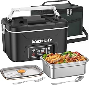 Heated Lunch Box, 24000mAh Cordless Electric Lunch Box with Scheduled Heating, 1.2L Rechargeable Portable Food Warmer with Digital Display for Work, Travel, Office, Camping,Black
