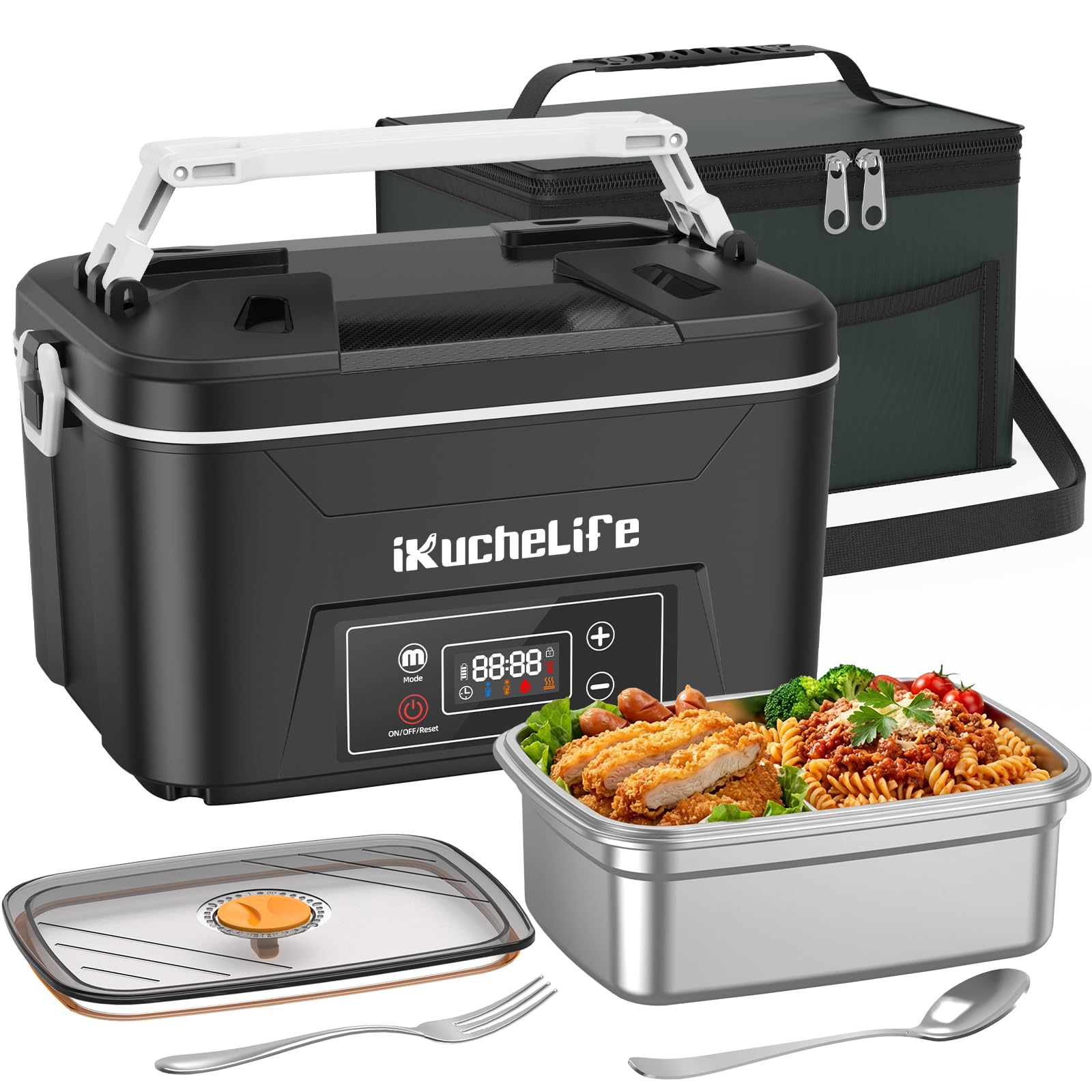 Fiambrera Electrica 1,2L Inalámbrica Programado Taper Electrico para Comida con Divisores Extraíbles Cubiertos y Bolsa Térmica Tupper Calentador para Comida USB para Coche Camion（Negro）
