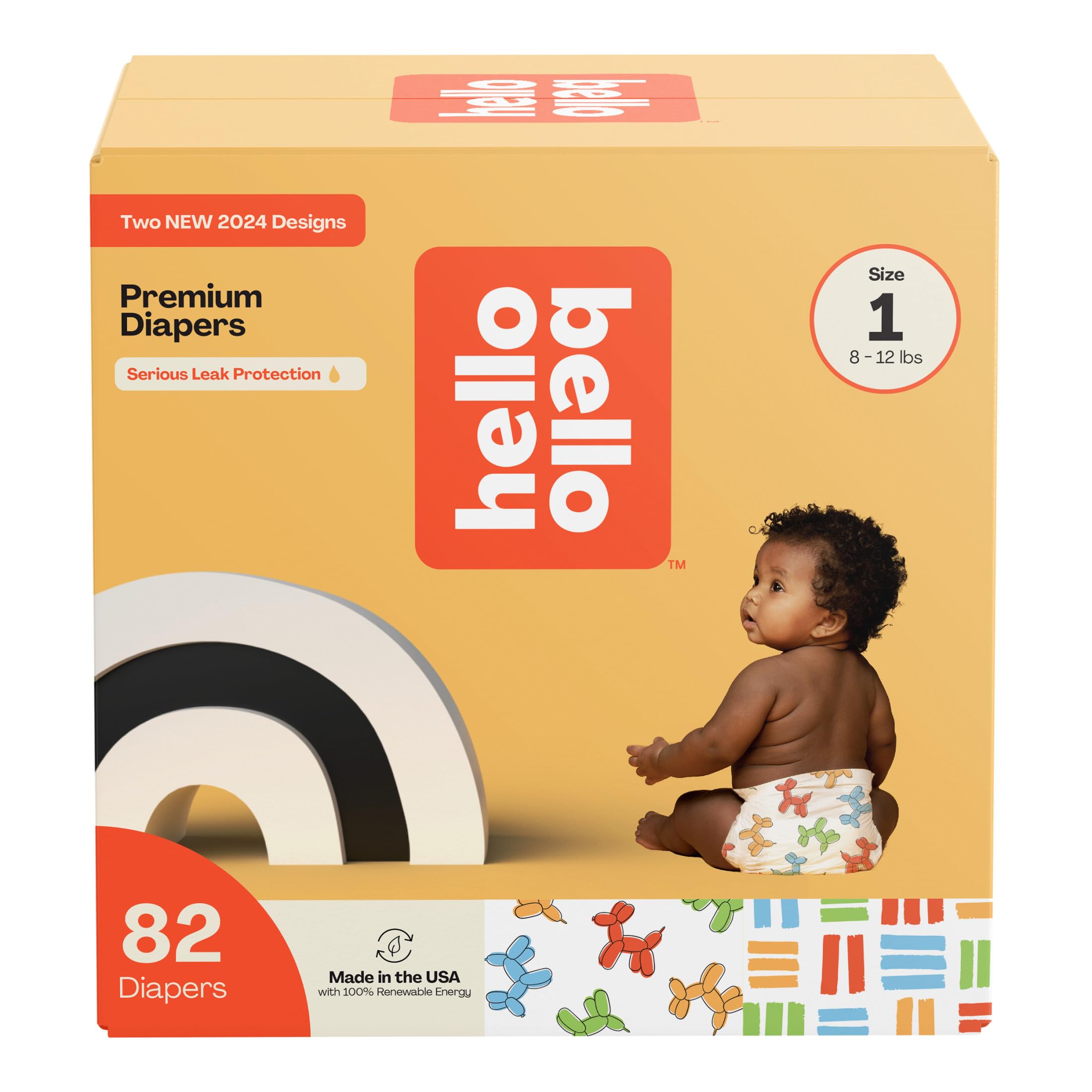 Hello Bello Premium Diapers Size 1, Balloon Buddies & Crosshatch Cuties Designs, 82ct Club Box