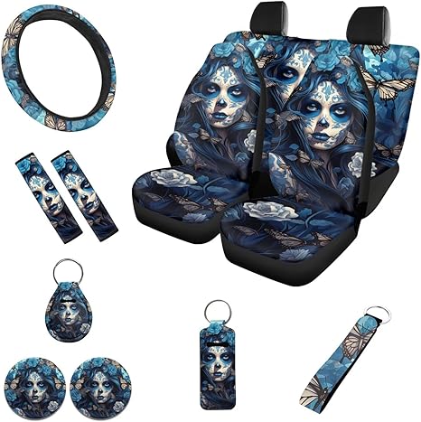 12 Pieces Sugar Skull Butterfly Blue Car Seat Cover Automotive Seat Belt Pads Steering Wheel Lip Storage Bag Keychain Interior Accessories Decoration for Cars Auto Trucks SUVs