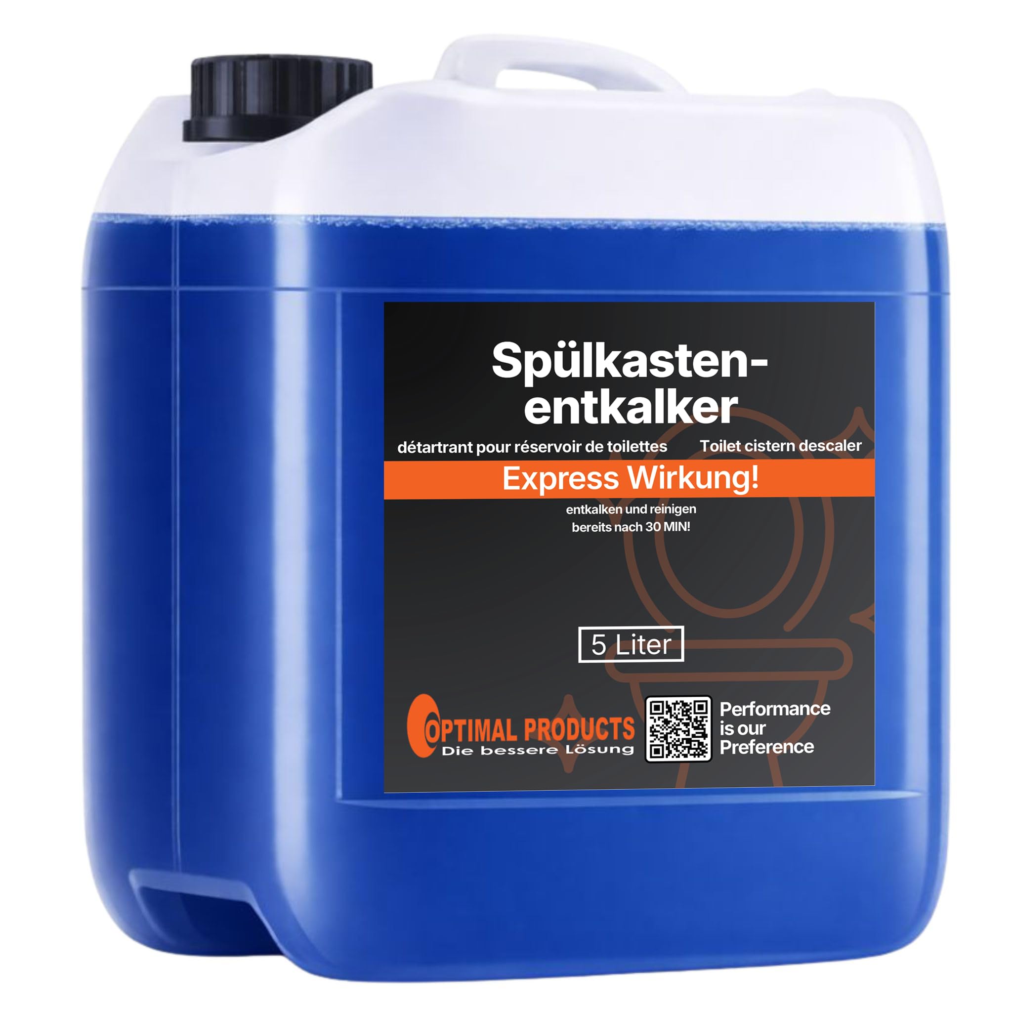 Optimal Products Détartrant pour réservoir de chasse d’eau 5 L – Action express en 30 minutes, 2-en-1 – Élimine le calcaire et nettoie le réservoir WC