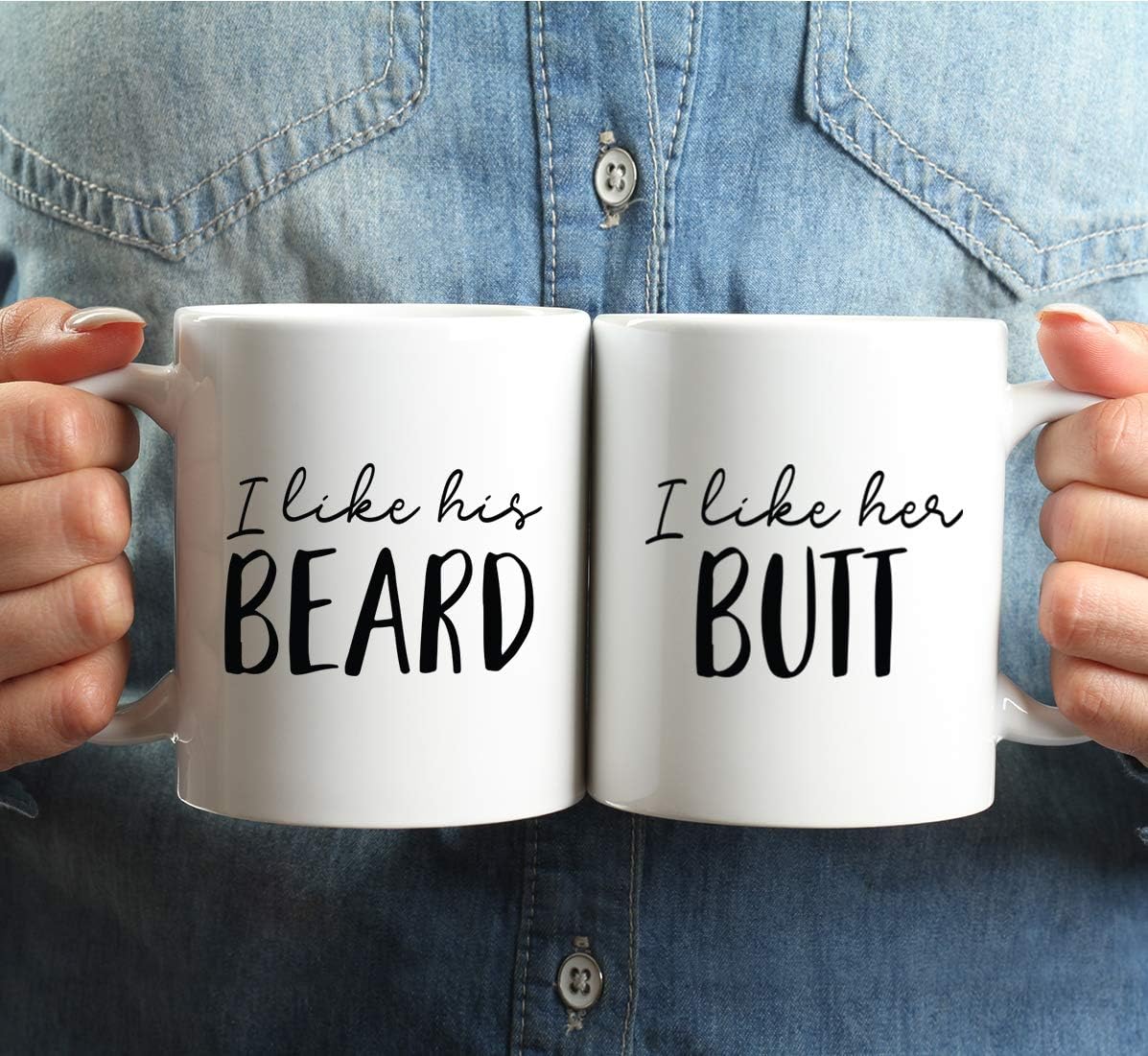 Andaz Press Funny Beard Themed 11oz. Coffee Mug Couples Gift, I Like His Beard, I Like Her Butt, Script Font, 2-Pack, Novelty Cup Couples Birthday Christmas Gift Ideas for Him Her