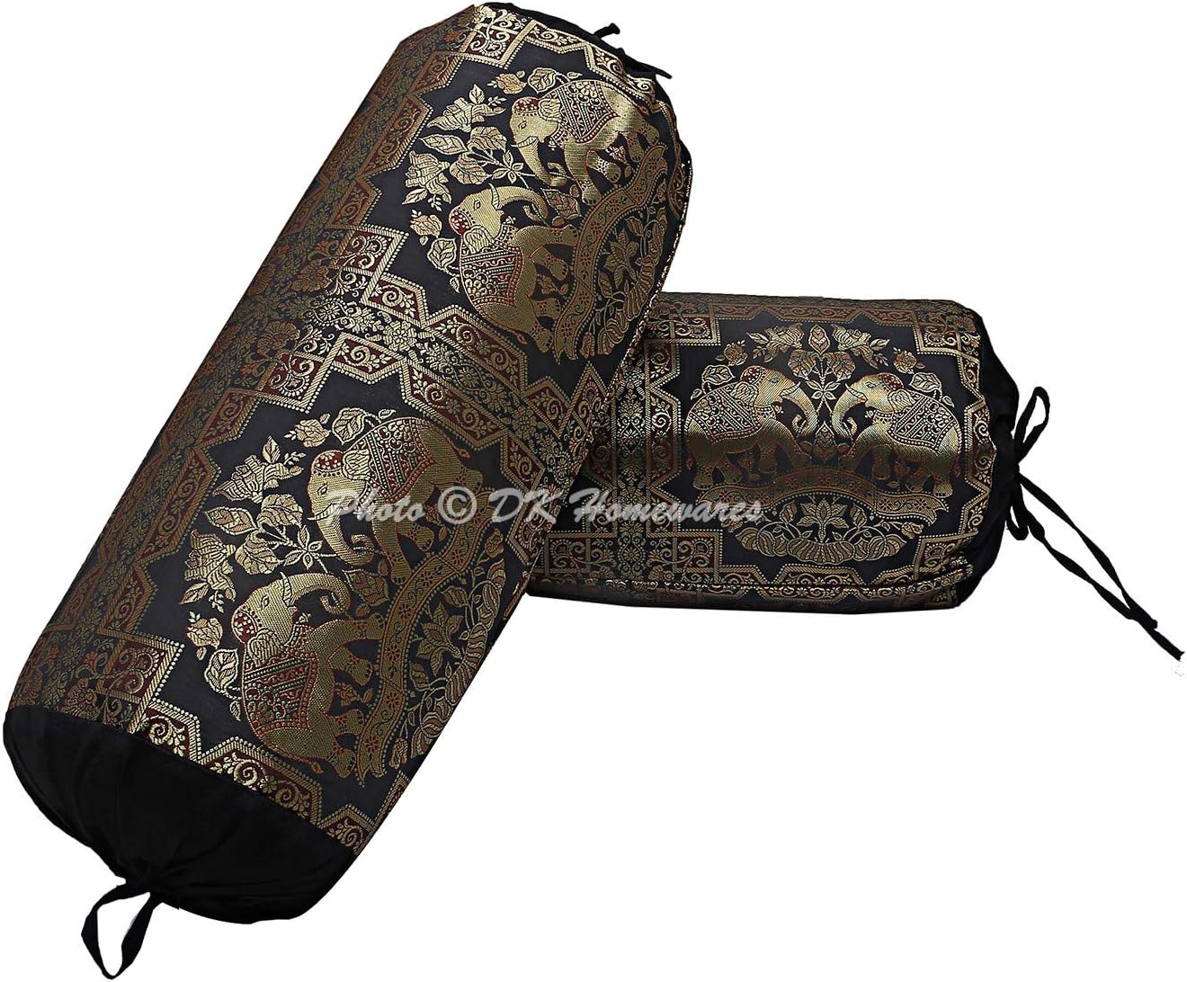 Ethnic Jacquard Brocade Silk Bolster Sofa Pillow Covers Cylindrical Hotdog Black Yoga Massand Living Room Decorative Elephant Traditional Throw Pillowcase 76x38 cm - Set of 2 Pcs