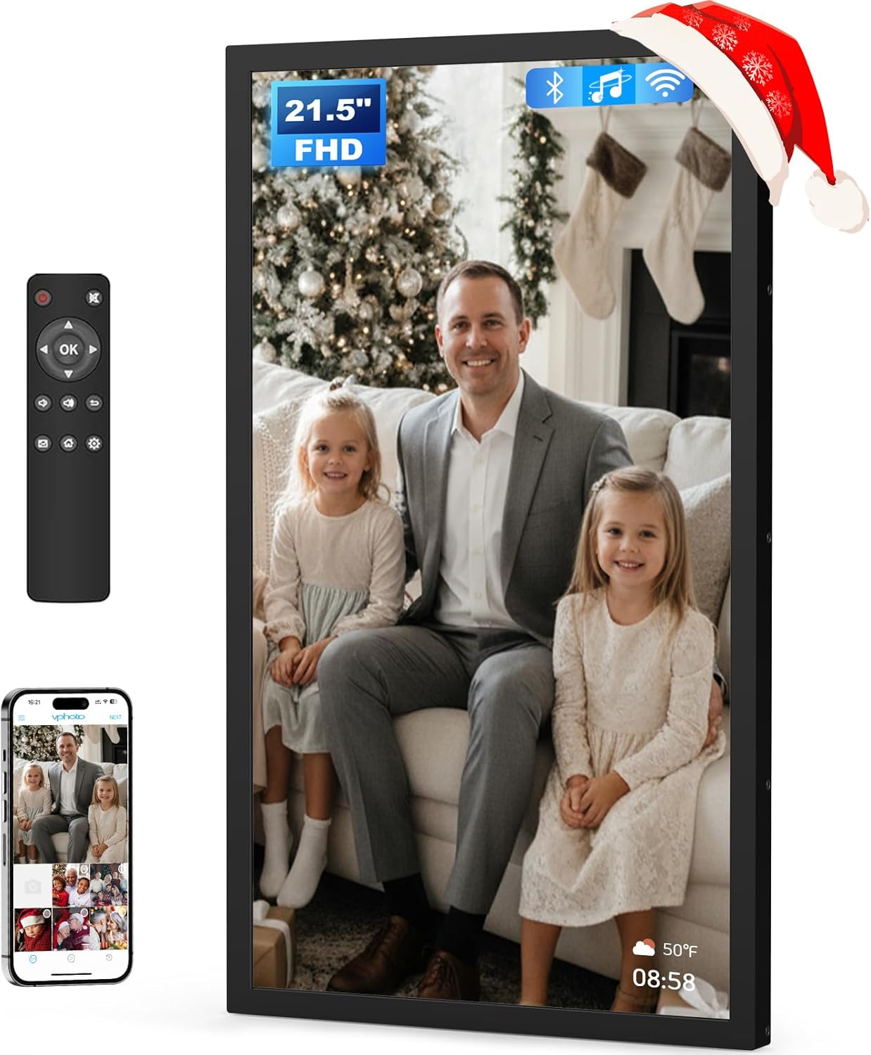 Arktronic 21.5-inch Digital Picture Frame with remote and smartphone app interface.