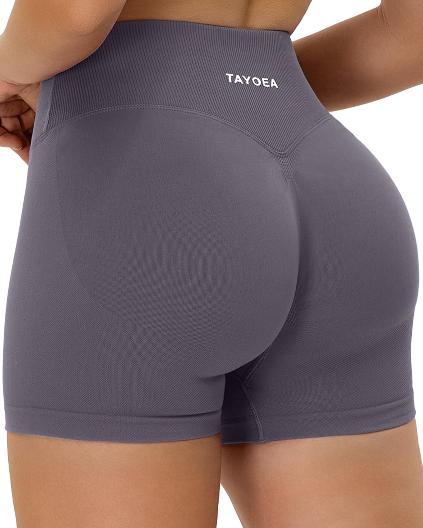 TAYOEA Damen Sport Shorts Unsichtbarer Scrunch Kurze V-förmiger Crossover Gerippter Bund Short Seamless Kurze Butt Lifting Gym Short