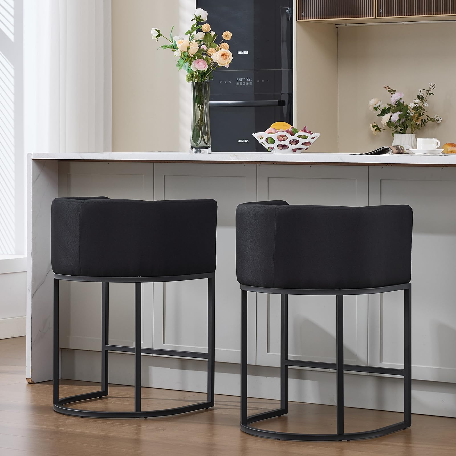 Reyxzoe Counter Height Bar Stools Set of 2, Barrel Barstools with Curved Back, Linen Upholstered Counter Stools for Kitchen Island, Dining Room, Cafe,