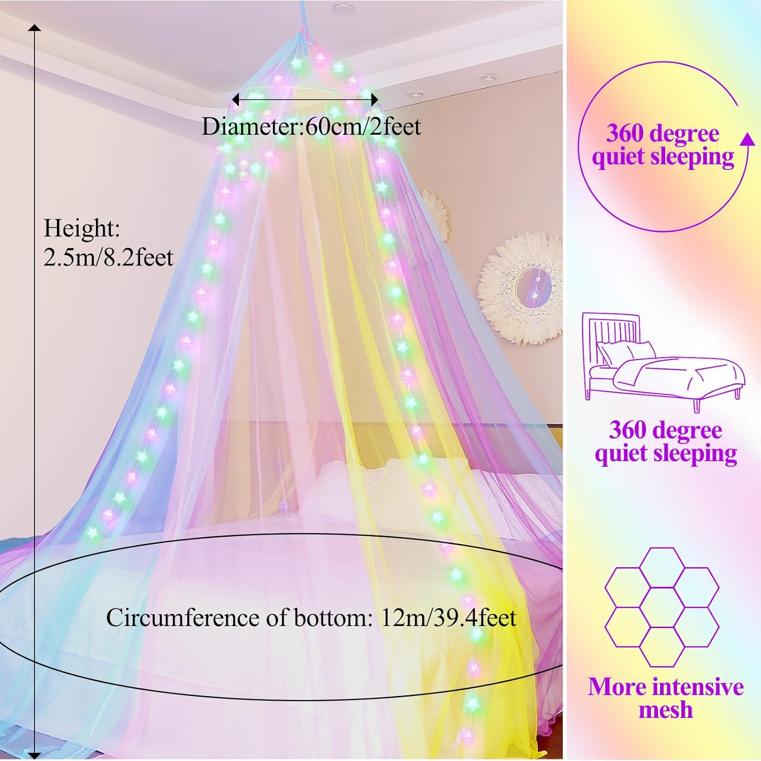 Lovelite Bed Canopy for Girls with Lights, Rainbow Canopy Bed Curtain with 24 Colors Changing Star String Lights, Dome Princess Canopy for Girls Room Twin Full Queen King Kids Bed Decor