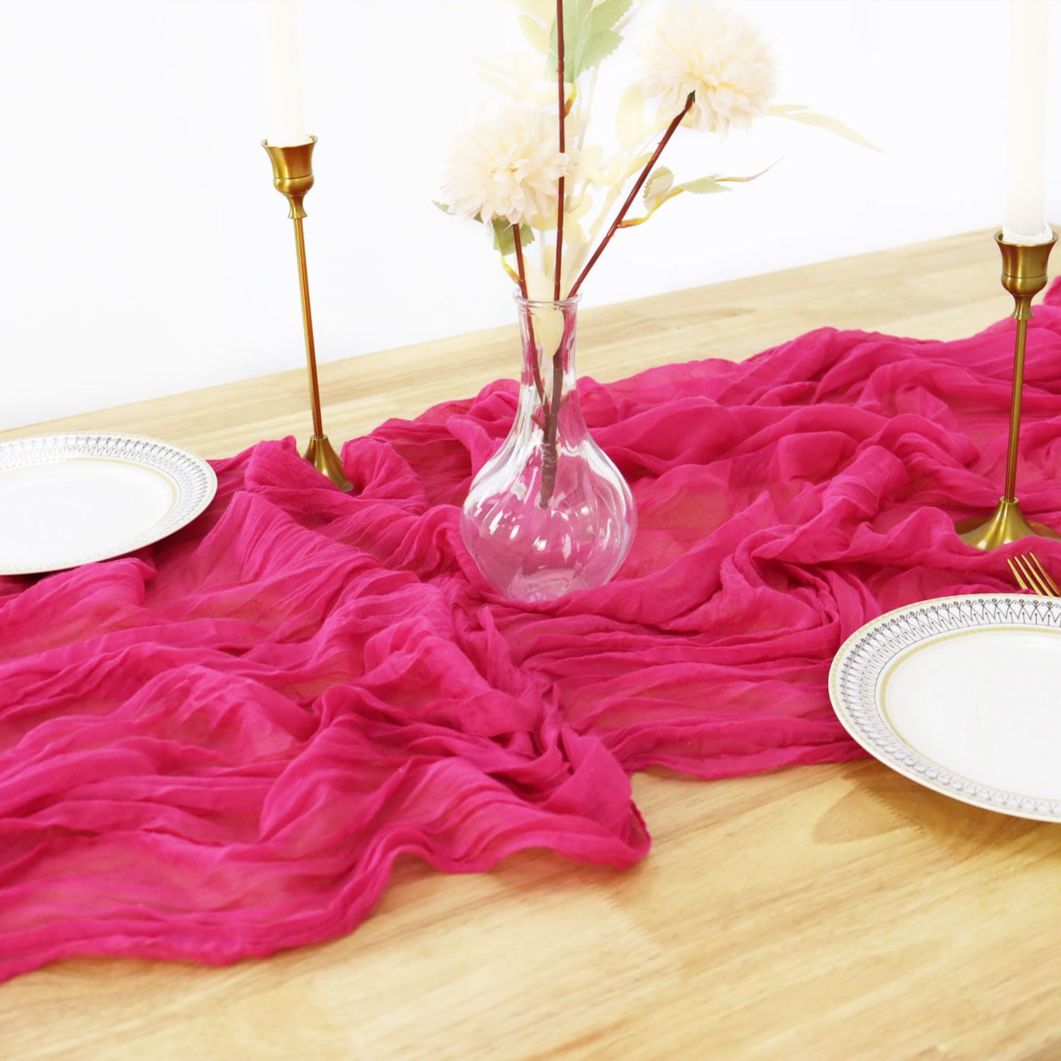 Hot Pink Cheesecloth Table Runner 120 Inches Long Boho Gauze Table Runner Wedding Decorations Rustic Boho Dining Tables Runners Farmhouse Style Cheese Cloth for Baby Shower Party Supply